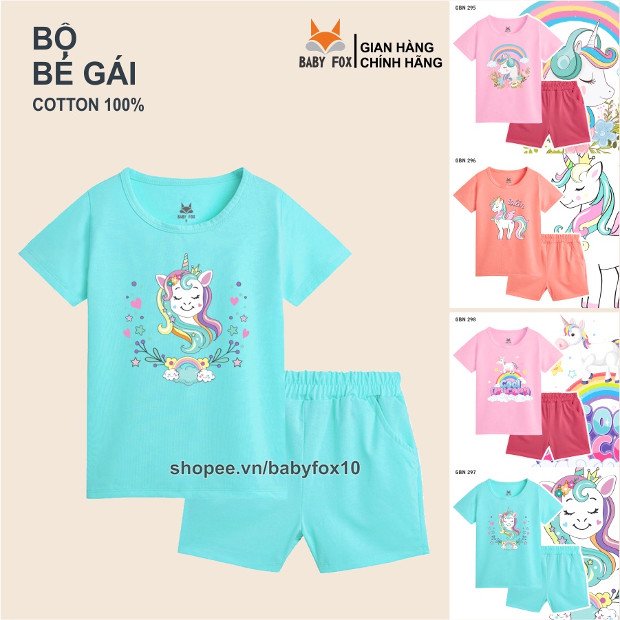 Bộ thun bé gái 100% cotton cao cấp, thương hiệu BABY FOX, in hình Unicon, size nhỏ, trung, đại i