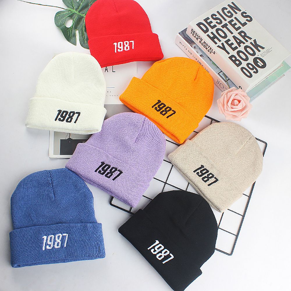 Mũ beanie giữ ấm thêu chữ số 1987 màu trơn dễ thương cho nữ