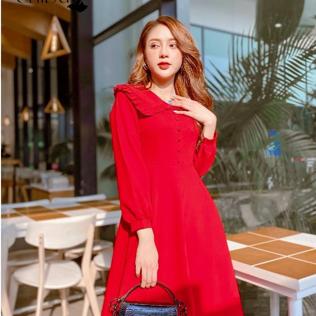 CHIDU Đầm cổ bướm cúc bọc, đầm cổ bướm sang trọng thanh lịch - SP192