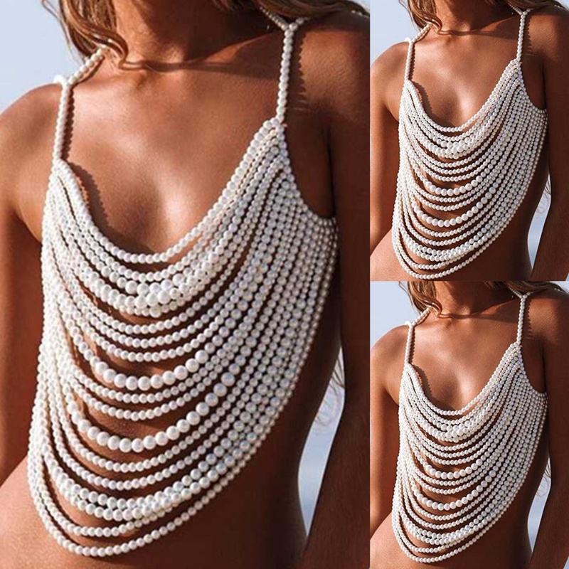 Dây đai đeo cổ và cơ thể xỏ hạt ngọc trai giả phong cách thời trang gợi cảm