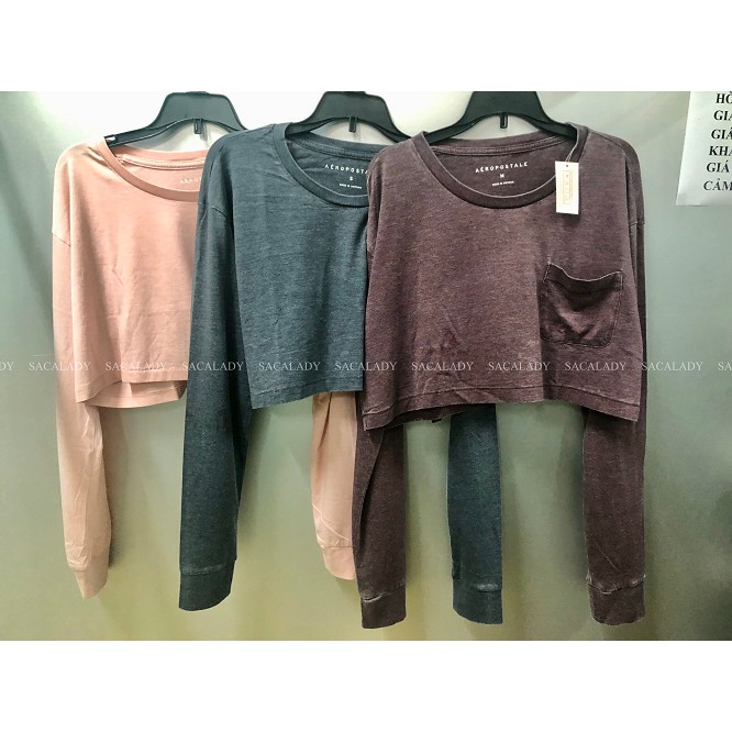 Áo Thun Cotton Croptop AEROPOSTALE Cổ Tròn Dài Tay Có Túi - 2560