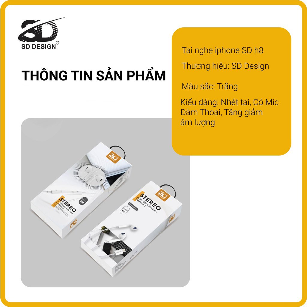 Tai nghe dây nhét tai SD DESIGN H8 chính hãng có mic đàm thoại Kết nối bluetooth khi sử dụng bảo hành 1 đổi 1