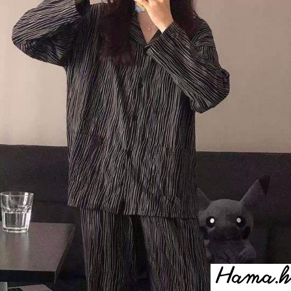 Bộ đồ nữ Pijama lụa dài tay quần dài kẻ sọc xám đen mặc ở nhà mùa đông cao cấp chất dày phong cách Hàn Quốc-BND15
