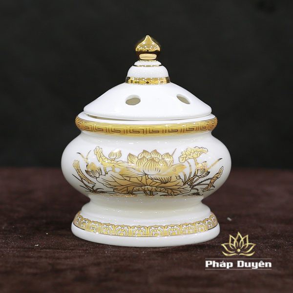 Đồ Thờ Cúng Sứ Trắng Hoa Sen Vàng Cao Cấp Nhập Khẩu gồm Bát hương, ly nước, đĩa thờ, lọ hoa, đèn dầu...