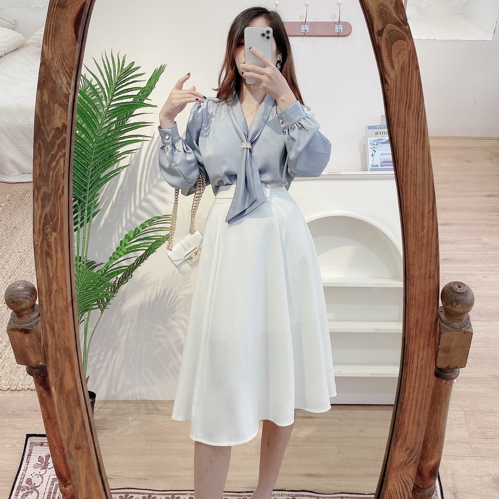 Áo sơ mi nữ lụa mềm mát cổ vạt dây ngọc công sở dài tay HILA