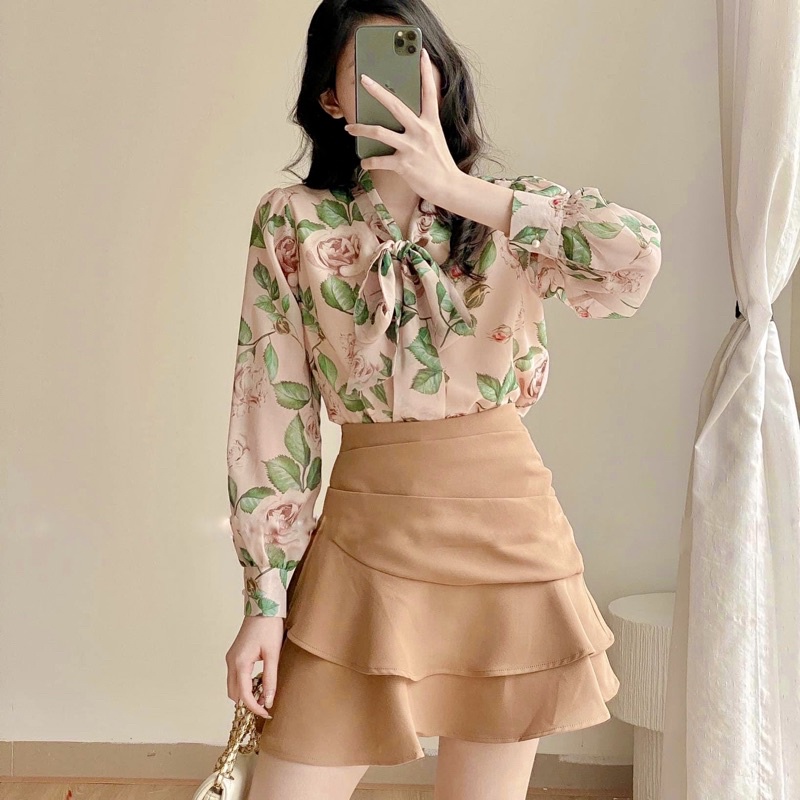 áo sơ mi hoa cổ nơ tiểu thư phong cách hàn quốc chất liệu vải tơ mềm mịn A42