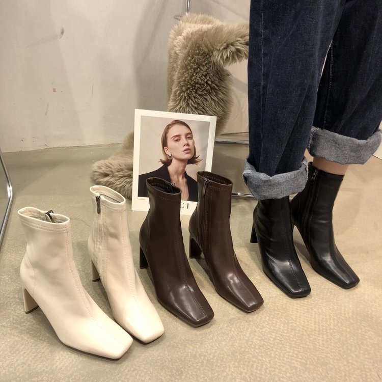 Giày Bốt Cao Gót Mũi Vuông Thời Trang Cá Tính Cho Nữ