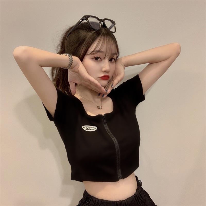 Cropped Top Cotton Pure Short cạp cao Thiết kế cạp cao Cảm giác Rốn qua Internet Người nổi tiếngT-shirt Girl Hot Girl Sexy All-Matchwear Tops Hợp thời trang Cô gái ngọt ngào Phong cách sexy Áo croptop