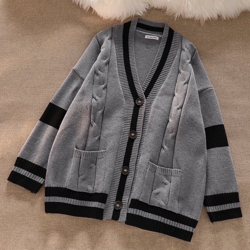 Áo khoác cardigan xám viền đen chất len dày dặn