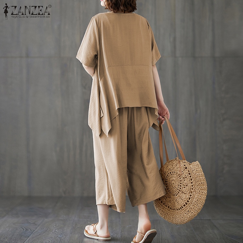 Set quần áo Zanzea gồm áo tay ngắn cổ tròn vạt lệch + quần ống rộng lung thun phong cách Hàn Quốc cho nữ