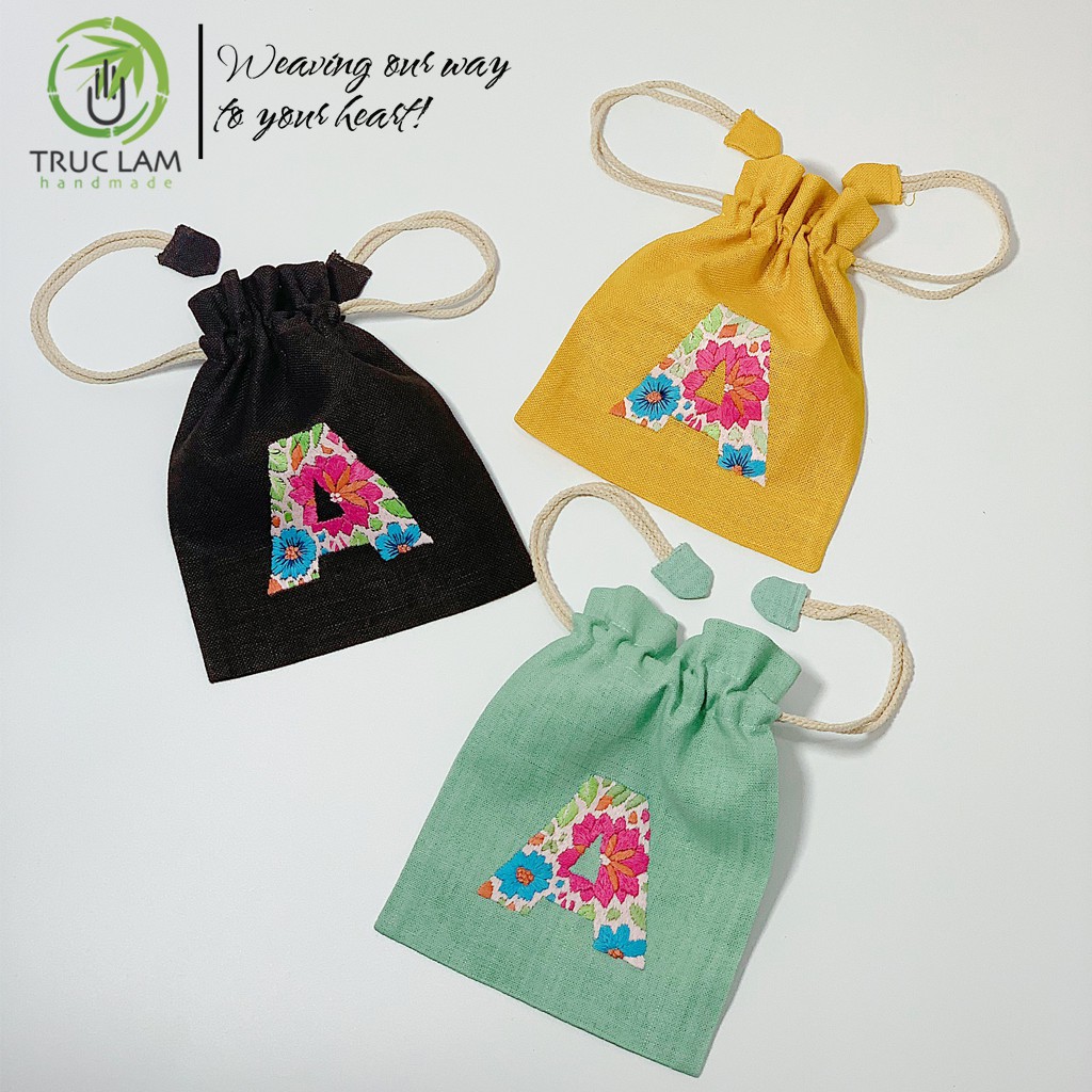 Túi Dây Rút Thêu Tay Họa Tiết Chữ Cái A Phối Hoa Văn Nhiều Màu Sắc - Trúc Lâm Handmade