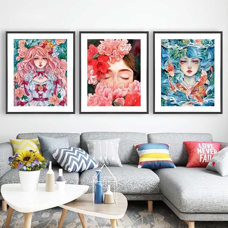 Bộ tranh đính đá tự dính nữ tính 30X40CM trang trí tường quà tặng tùy chỉnh