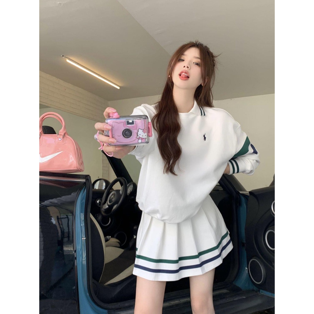 Áo Thun polo Tay Dài Họa Tiết Kẻ Sọc Phong Cách Retro Cho Nữ