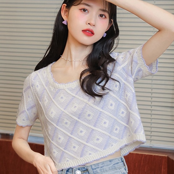 【ZHELIHANGFEI】Áo Thun Dệt Kim Ngắn Tay Form Rộng Thời Trang