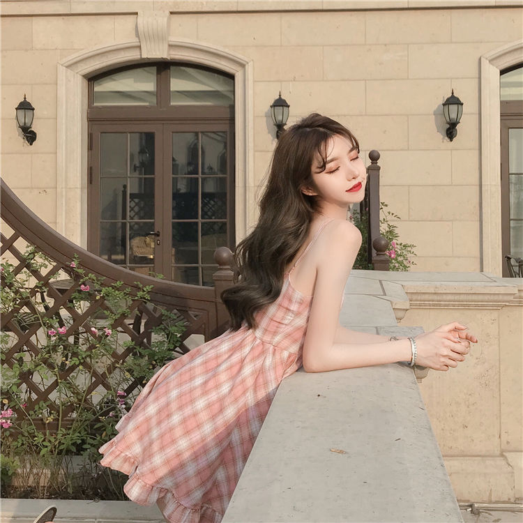 Đầm Hai Dây Kẻ Ca Rô Màu Hồng Cho Nữ | BigBuy360 - bigbuy360.vn