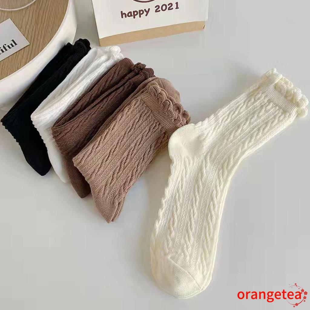 ORT-Vớ cotton ống vừa màu nâu trơn phối ren thời trang thu đông cho nữ