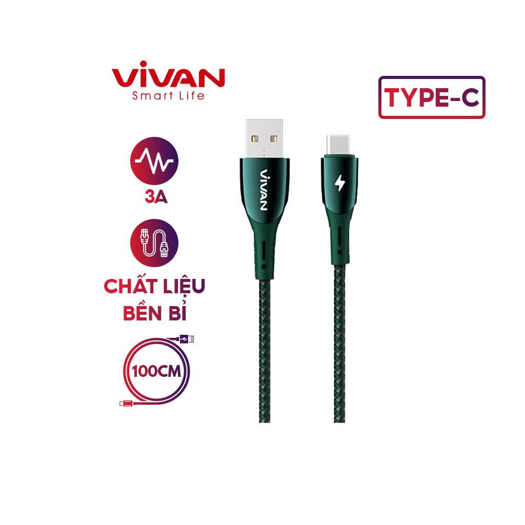 Cáp Sạc Nhanh & Truyền Dữ Liệu Type-C VIVAN VZC100S/VZL100S 3A đèn LED 100cm Tự Ngắt Điện Khi Sạc Đầy