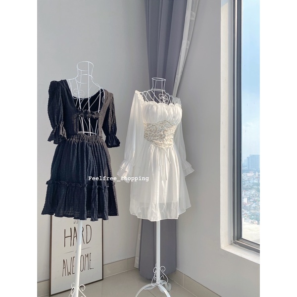 Đầm Đen In Nổi Tay Ngắn Hở Lưng Hai Lớp Mặc Đi Tiệc Đi Chơi (Hình Thật) D069