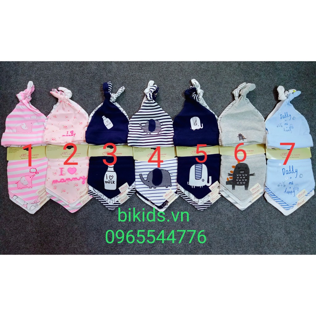 [NHẬP KIDTET hoàn 15% xu đơn 150k] Combo set 3 mũ thắt nút và set 3 khăn tam giác Mom's Care