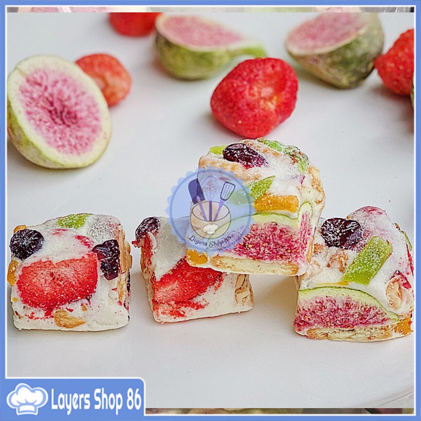 Set nguyên liệu làm kẹo nougat cao cấp dâu tây sấy nguyên quả và sung sấy giòn loại 1 tặng công thức làm kẹo