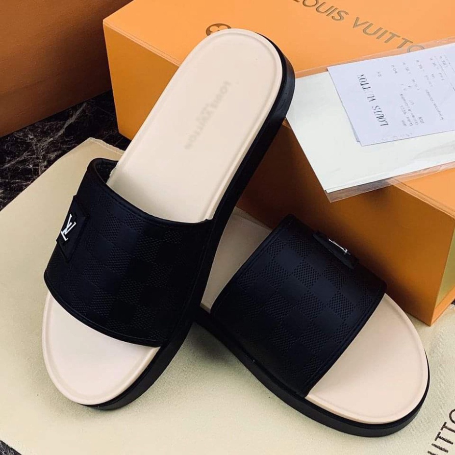Dép LV Nam Quai Ngang dép Unisex nam nữ đế bánh mì chất liệu cao su non LV Ngang Kem