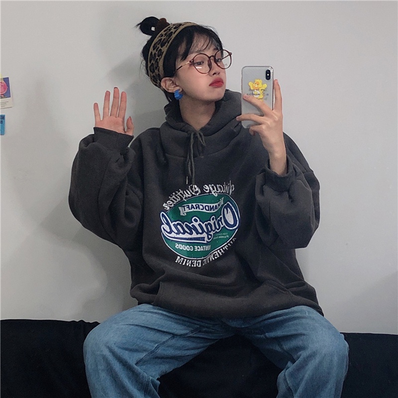 ZHELIHANGFEI  Áo Hoodie Dáng Rộng In Chữ Cá Tính Trẻ Trung