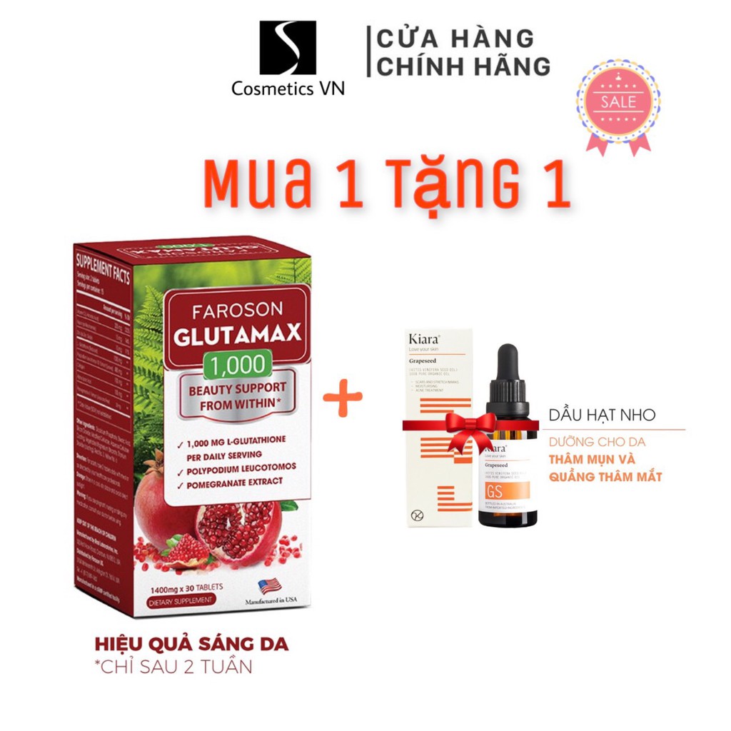 Viên uống giảm nám trắng da chống nắng Glutamax 1000 hộp 30 viên