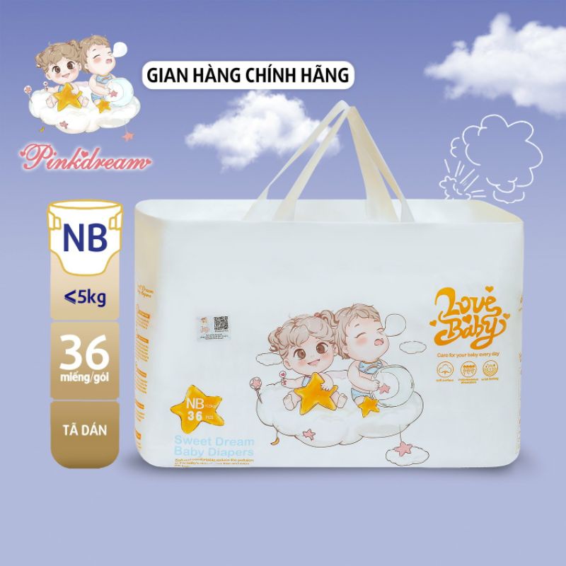 Tã/bỉm Dán hữu cơ Pinkdream Lovebaby size NB 36 miếng cho bé sơ sinh &lt;5kg