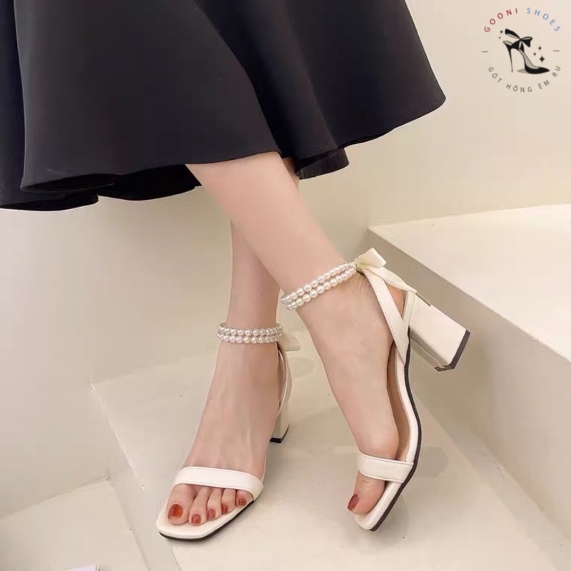 Giày sandal, giày cao gót cột nơ quai ngang đính ngọc buộc nơ tiểu thư cho nữ