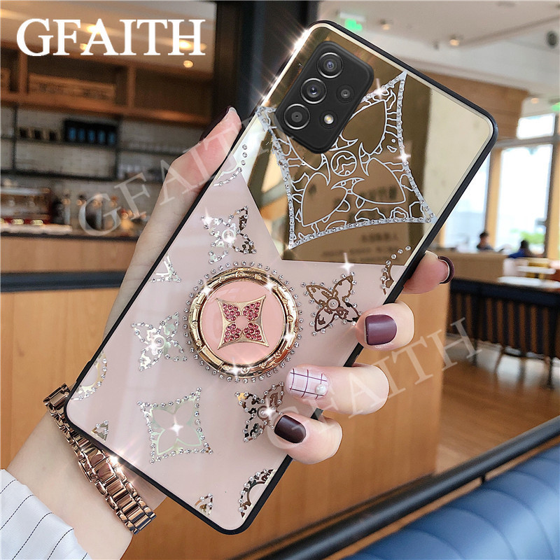 Ốp Điện Thoại Acrylic Hình Cỏ Bốn Lá Đính Đá 3D Gắn Nhẫn Đỡ Cho Samsung Galaxy A52S 5G GalaxyA52 2021