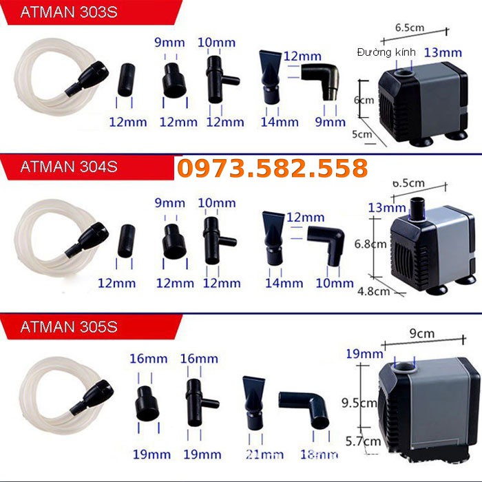 Máy bơm nước bể cá Atman AT-303S 6W, 600l/h loại tốt - Hàng Mới Nhất, Bảo Hành uy tín 1 đổi 1