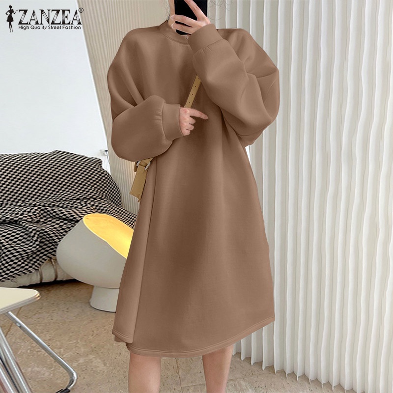 Đầm nữ ZANZEA dài tay cổ tròn dáng rộng thời trang Hàn Quốc