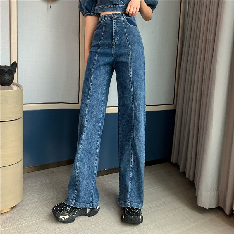 Set áo sơ mi denim + quần ống rộng thời trang Hàn Quốc phong cách retro cho nữ 2021