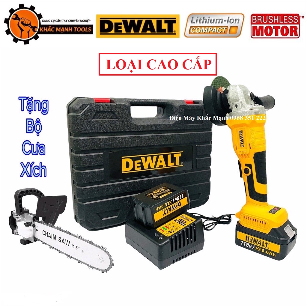 Máy Mài Pin DeWaLT Cao Cấp - Tặng Bộ Lam Xích, Động Cơ Không Chổi Than ( Công Tắc Bóp)