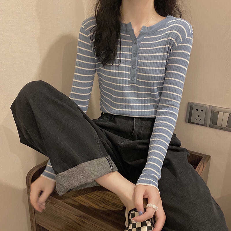 Áo Sơ Mi Bên Trong ✚ Trang Phục Nữ Mùa Xuân Thu ☑☑ Áo Len Sọc 2021Mới Mỏng Mỏng ♡ Mặc Áo Dài Tay Áo Sơ Mi Nữ