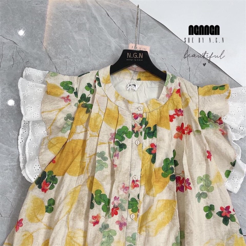 Váy hoa babydoll tay phối ren, đầm babydoll hàng thiết kế