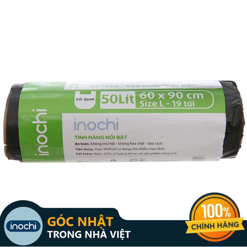 Lô Túi rác đen ,tự phân hủy Inochi Có Quai Tiện Dụng 50L Dạng Cuộn Màu Đen Dài Hơn 20%