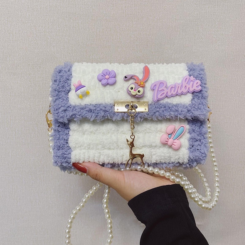 Túi Đeo Chéo Vai Bằng Vải Tweed Đính Ngọc Trai Thời Trang Dễ Thương Cho Nữ