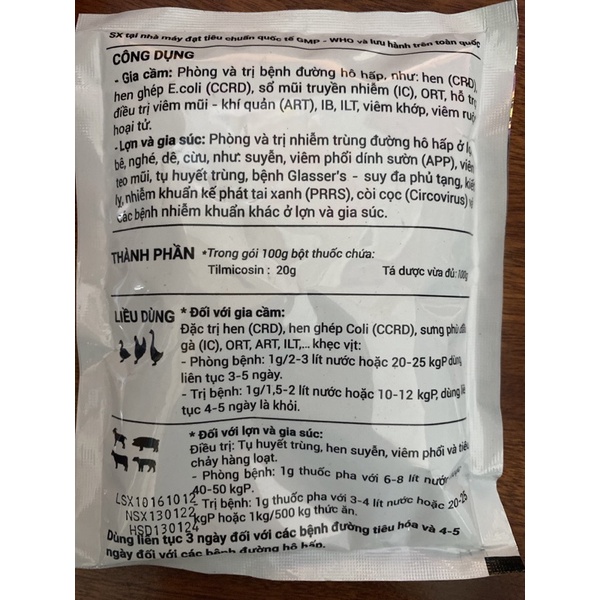 Tilmicosin 100gr - hen, hen ghép ecoli, rướn cổ, …trên gia cầm, gia súc