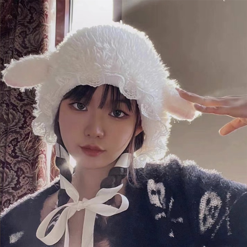 Mũ Lông Cừu Dày Dặn Giữ Ấm Tai Dễ Thương Xinh Xắn Dành Cho Nữ