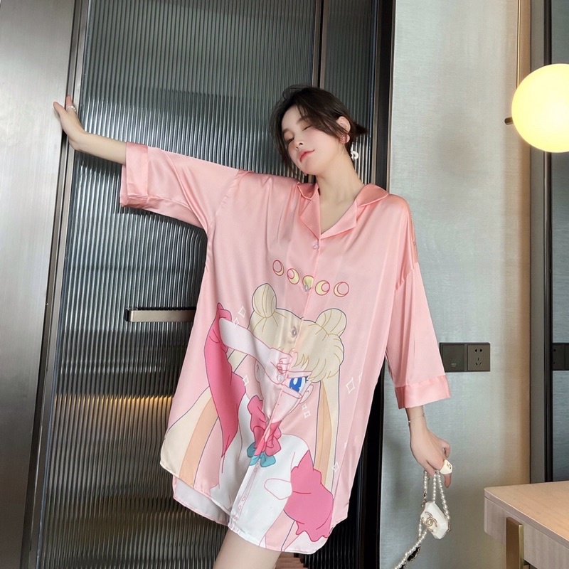 Váy ngủ sơ mi tay lỡ thủy thủ Hồng K006 lụa satin cao cấp quảng châu.