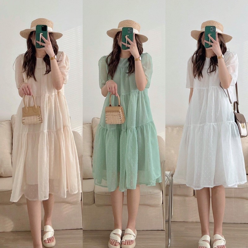 [Ảnh thật/Video]Đầm babydoll White dáng dài  ba tầng hạt nổi chất voan tơ đẹp nhẹ nhàng Váy lụa Hàn