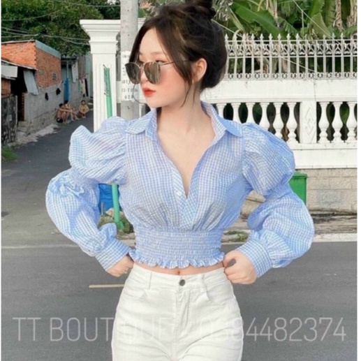 Áo kiểu croptop tay dài bo nhúm eo phối màu caro cực xinh , chất kate mềm mịn mát