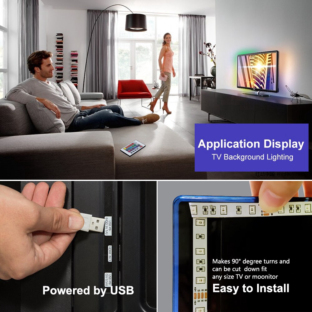 Bộ dây đèn LED RGB 2835 SMD dùng làm đèn phông nền TV/quán bar kèm điều khiển từ xa USB