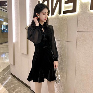 YAS0112-Váy sườn xám nhung cổ tàu