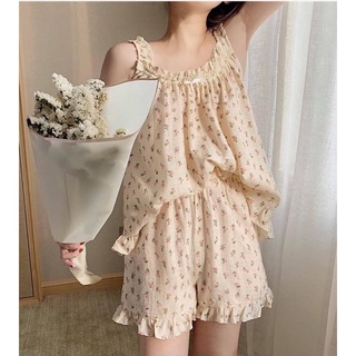 Set đồ bộ mặc nhà 2 dây hoa vintage