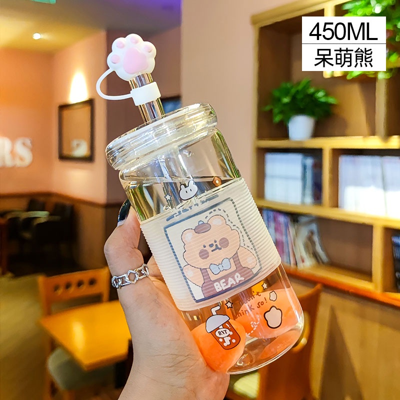 Cốc nước bằng thủy tinh 450ml có nắp đậy và ống hút xinh xắn cho học sinh