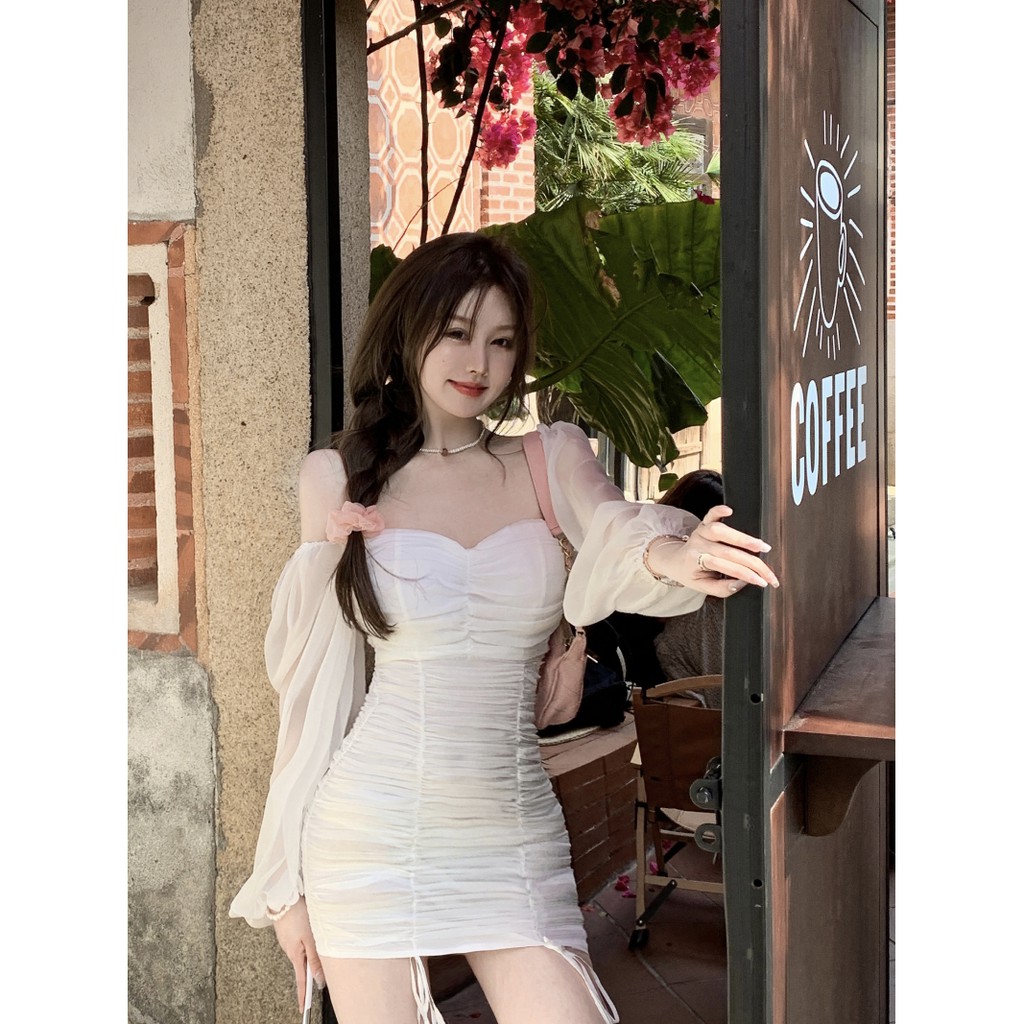 Váy body rút dây phối tay bồng phối voan cực xinh