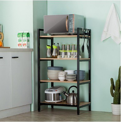 Kệ để lò vi sóng 4 tầng đa năng đựng dụng cụ nhà bếp, kệ để đồ bếp 4 tầng khung thép sàn gỗ