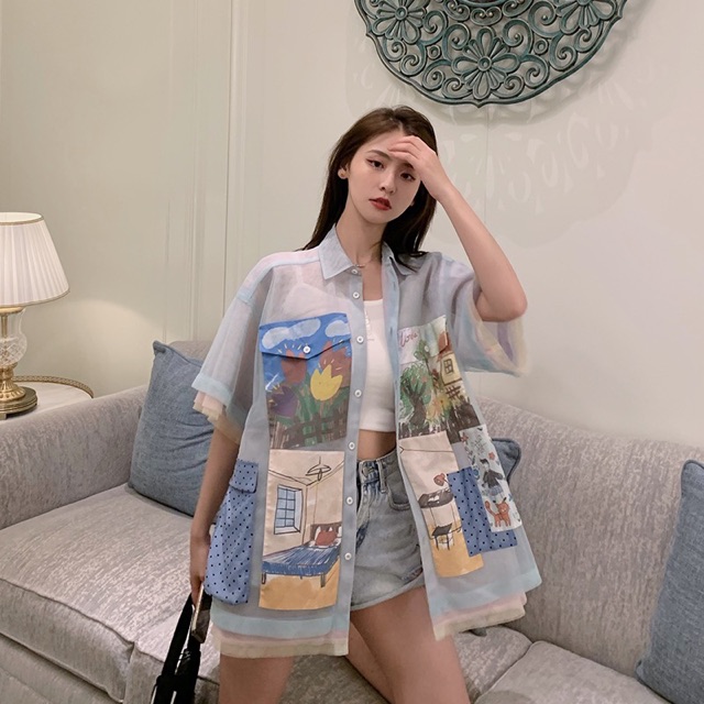 Áo sơ mi ren phối màu qccc